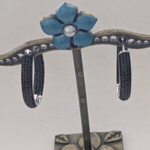 925 FZN Sterling Silver Half Black Stone Oval Hoop Pierced Earrings